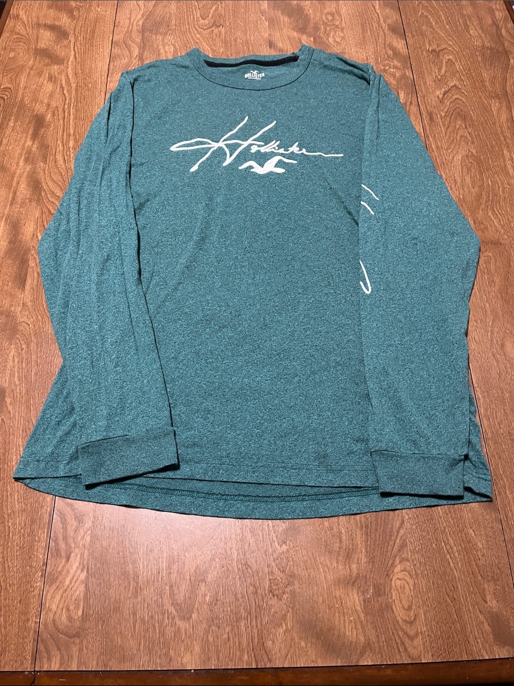 Hollister Men's Long Sleeve Script Logo Tee — Teal